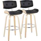 Lombardi 30" Swivel Bar Stool in Natural Wood & Black Leatherette with Chrome Footrest (Set of 2)